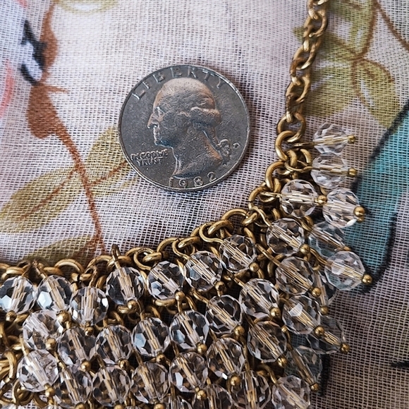 J. Crew Crystal Clear Faceted Beads Brass Tone Chainmaille Statement Necklace - Picture 8 of 12